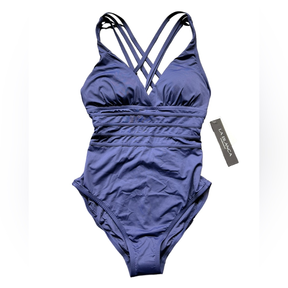 LA BLANCA SWIM women’s navy blue  one piece cross back swimsuit w tummy control - Picture 2 of 6